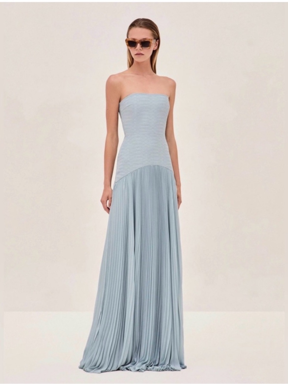 Alexis Strapless Pleated Maxi Dress in Light Blue